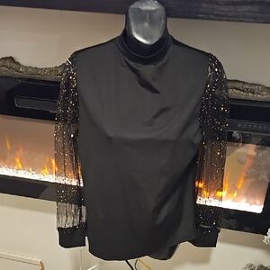 Elegant Black Top with Sheer Sleeves